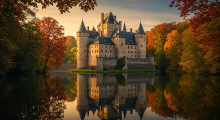 Obraz premium Autumnal Castle Reflection - Majestic castle reflected in a calm lake, surrounded by vibrant autumn foliage. Serene autumn scene