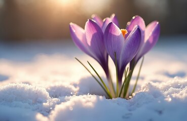 Purple crocus flower blossoms in melting snow. Early spring sunny day. Nature background. Blooming crocus in snow. Flower snowdrop, beautiful floral landscape. Bright sunlit petals in cold season.