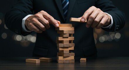 A businessman carefully stacking wooden blocks in a tower game on a dark table in a corporate setting