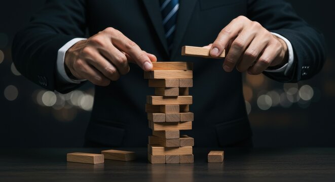 A businessman carefully stacking wooden blocks in a tower game on a dark table in a corporate setting