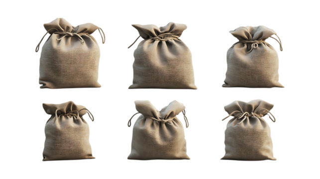 Pack Sandbag Set in Different Poses Against Transparent Background for Military Design, Construction Illustration, or Flood Protection Graphics