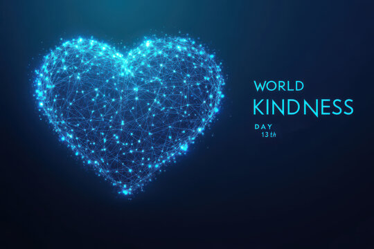 A digital heart made of glowing particles with world kindness text on a dark blue gradient background - Powered by Adobe