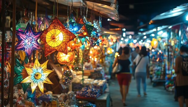 Colorful Christmas parol for sale at a festive market, illuminating the night with traditional Filipino holiday decorations and vibrant lights.