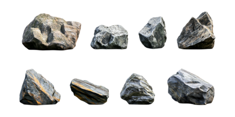 Pack Rock Set in Different Poses Against Transparent Background for Geological Illustration, Nature Graphics, or Construction Design