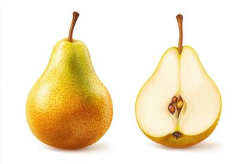 A whole pear and a half pear showing the seeds against white space on isolated on white background