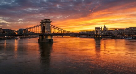 Fototapeta premium Budapest Chain Bridge Sunset Panorama - Iconic Chain Bridge at sunset, reflecting golden hues on the Danube River. Symbolizing history, connection, beauty, travel, and serenity