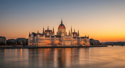 Naklejka premium Budapest Parliament Building Sunset Reflection - Majestic Hungarian Parliament Building illuminated at sunset, reflecting on the Danube River. Symbolizing history, architecture, beauty, heritage