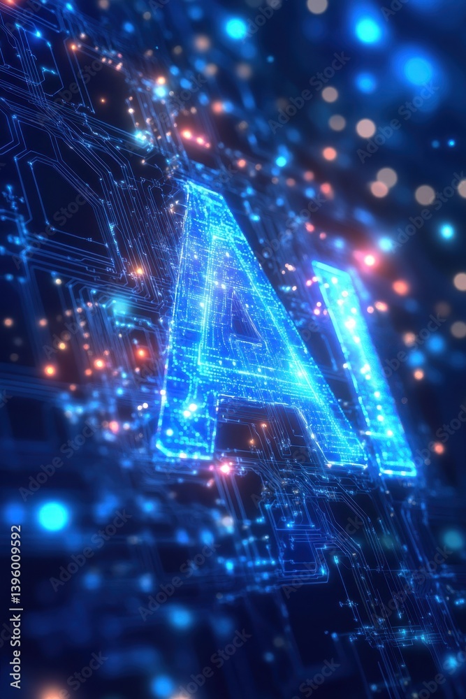 Fototapete glowing ai text with futuristic circuitry and technological background
