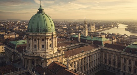 Fototapeta premium Budapest Royal Palace Sunset View - Panoramic view of Budapest Royal Palace at sunset, showcasing its architecture and the cityscape