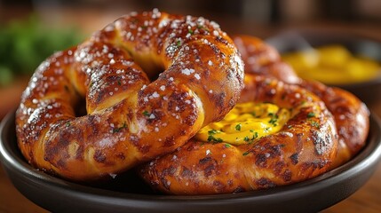 Freshly Baked Soft Pretzels with Mustard Dip Perfect for Snacks and Parties Golden Brown and