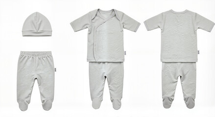 Newborn Baby Clothes Set &ndash; Soft Grey Unisex Organic Cotton Outfit with Hat, Footed Pants & Kimono Top, Ideal for Baby Showers & E-commerce