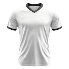 White shirt with black trim. V neck sports jersey. Clothing template isolated. Short sleeve top for active wear. Apparel design.
