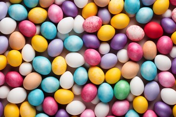 Design a vibrant and lively background featuring around twenty Easter eggs, decorated in bright