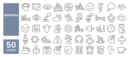 Set of 50 line icons related to insomnia, sleepless, overthinking, awake, stress, disorder, anxiety, sleep problems, Editable stroke. Vector illustration