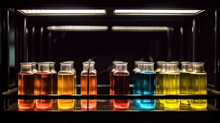 Glass Bottles Filled with Colorful Laboratory Fluids on Illuminated Shelf
