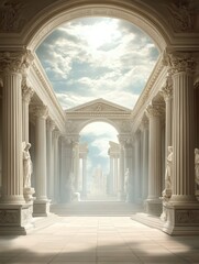 Obraz premium Majestic colonnaded hall, bathed in sunlight, leading to a divine vista