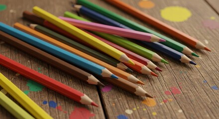 Fototapeta premium Colorful Pencils on Wooden Surface - Vibrant colored pencils scattered on rustic wood, symbolizing creativity, artistry, childhood, learning, and imagination