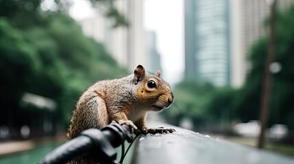 Squirrel Sitting on Metal Rail in Urban Park with City Buildings Behind