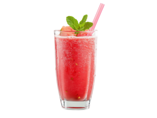 Chilled watermelon smoothie fills a tall glass, topped with mint leaves and a colorful straw. Perfectly crafted for a refreshing drink on a warm afternoon.
