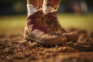 Close up shot of a rugby players muddy legs, capturing the intensity and determination of the sport.