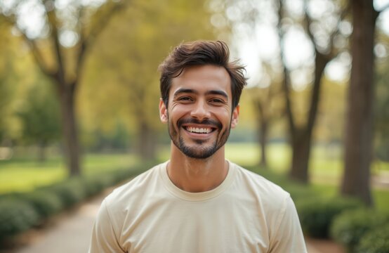 Young hispanic man smiles confidently at park. Happy male with stylish hairstyle and stubble beard. Cheerful portrait against blurred green trees. Outdoor lifestyle photo.