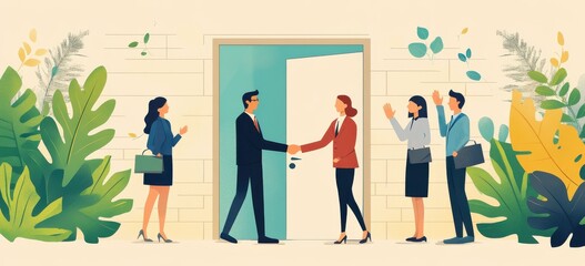 Business professionals greeting during a meeting in a welcoming environment