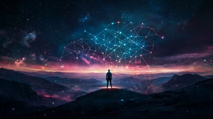 Fototapeta premium digital network map sprawling across the night sky, connecting various constellations representing different blockchain networks