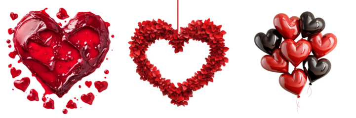 Set of Stock photo of a velvet-textured Valentine heart pillow in deep re on transparent png background. Ai generated
