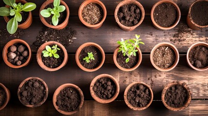Top View of Clay Pots with Soil and Green Seedlings on Wooden Surface