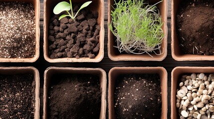 Seedlings and Soil Types in Biodegradable Pots Ready for Planting