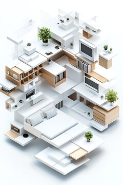 Deconstructed modern living space: an exploded axonometric view of a minimalist apartment featuring floating white platforms and wooden storage solutions