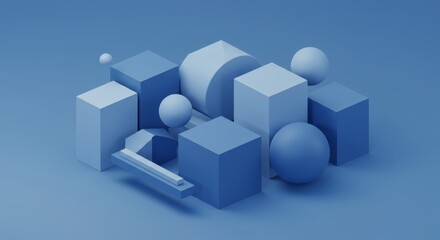 Obraz premium Cool Blue Geometric Abstract Forms - Abstract 3D of cool blue geometric shapes, symbolizing structure, balance, harmony, innovation, and design