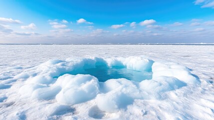 Frozen lake with a clear icy hole.  A pristine winter wonderland scene