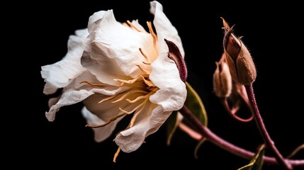 White Blooming Cotton Flower with Petals and Buds on Black Background