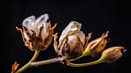 White Blooming Cotton Flower with Petals and Buds on Black Background
