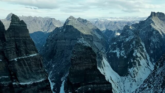 Majestic mountain peaks with rugged cliffs and snow patches under a cloudy sky.