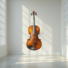A violin a white background of an empty gallery 