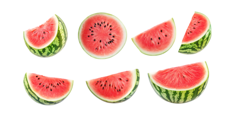 Pack Watermelon Fruit Set in Different Poses Against Transparent Background for Food Illustrations, Summer Promotions, or Healthy Lifestyle Branding