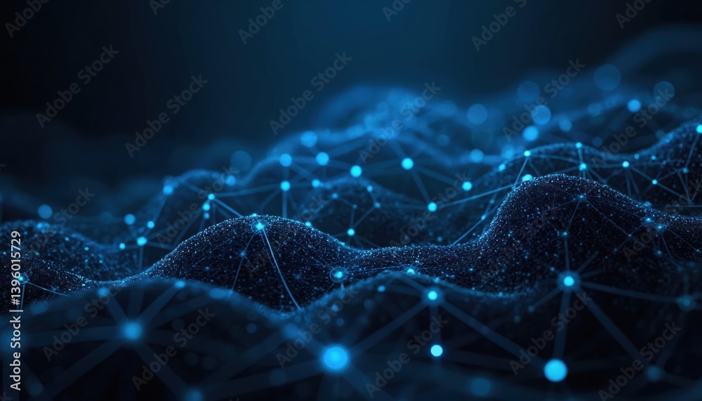 Poster abstract network grid connects dots. blue glowing particles connect, modern tech futuristic concept.