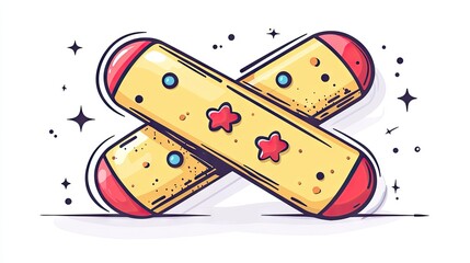 Two crossed cartoon bandages with red edges and stars