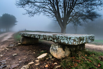 Obraz premium Stone Bench in Foggy Landscape