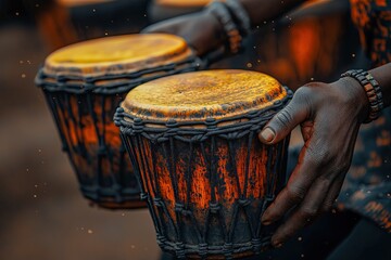 Close-Up of Hands Playing Traditional Handcrafted African Drums