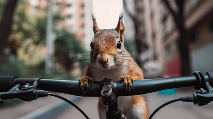 Funny Squirrel Holding Bicycle Handlebar in Urban Street Background