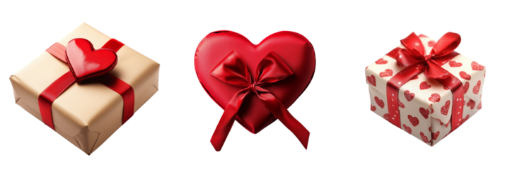 Set of Stock photo of a red gift box with a white satin bow on transparent png background. Ai generated