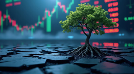 Lone Tree Symbolizing Survival Amid Economic Crisis in Stock Market Great Depression Concept Visual