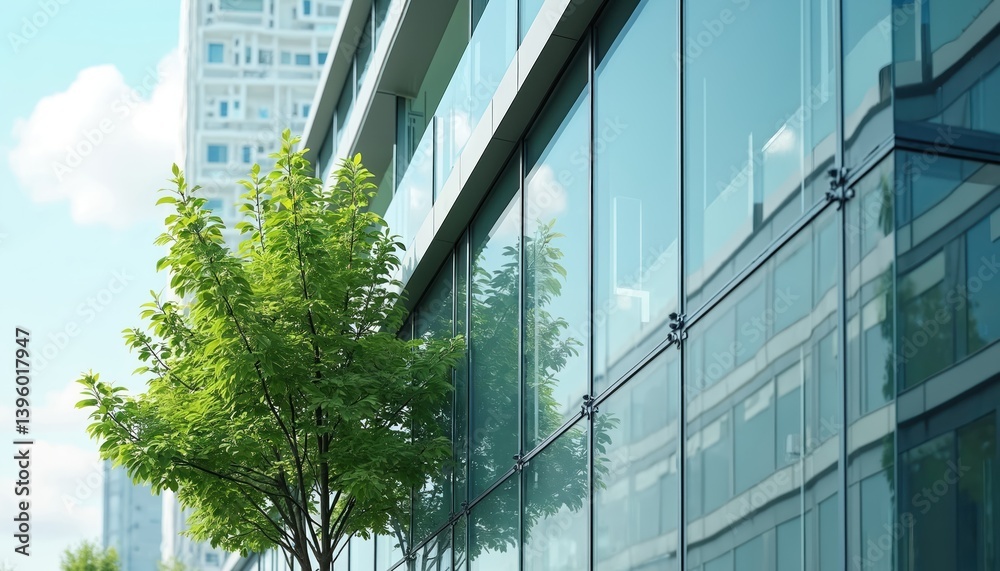 Aufkleber sustainable glass office building with green tree reflects in windows. modern eco-friendly construct