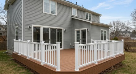 Exterior view of a two story home with gray siding and a brown deck with white railings in the backyard