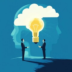 Two business professionals exchanging innovative ideas with a symbolic light bulb