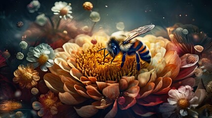 Macro photo of a honeybee collecting pollen on vibrant blooming flowers