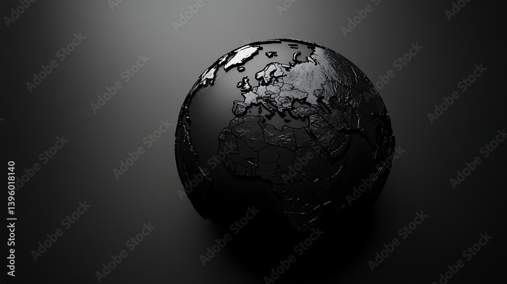 Wall mural dark 3d black world map atlas, presenting a mysterious and sleek planet globe visualization, suitabl